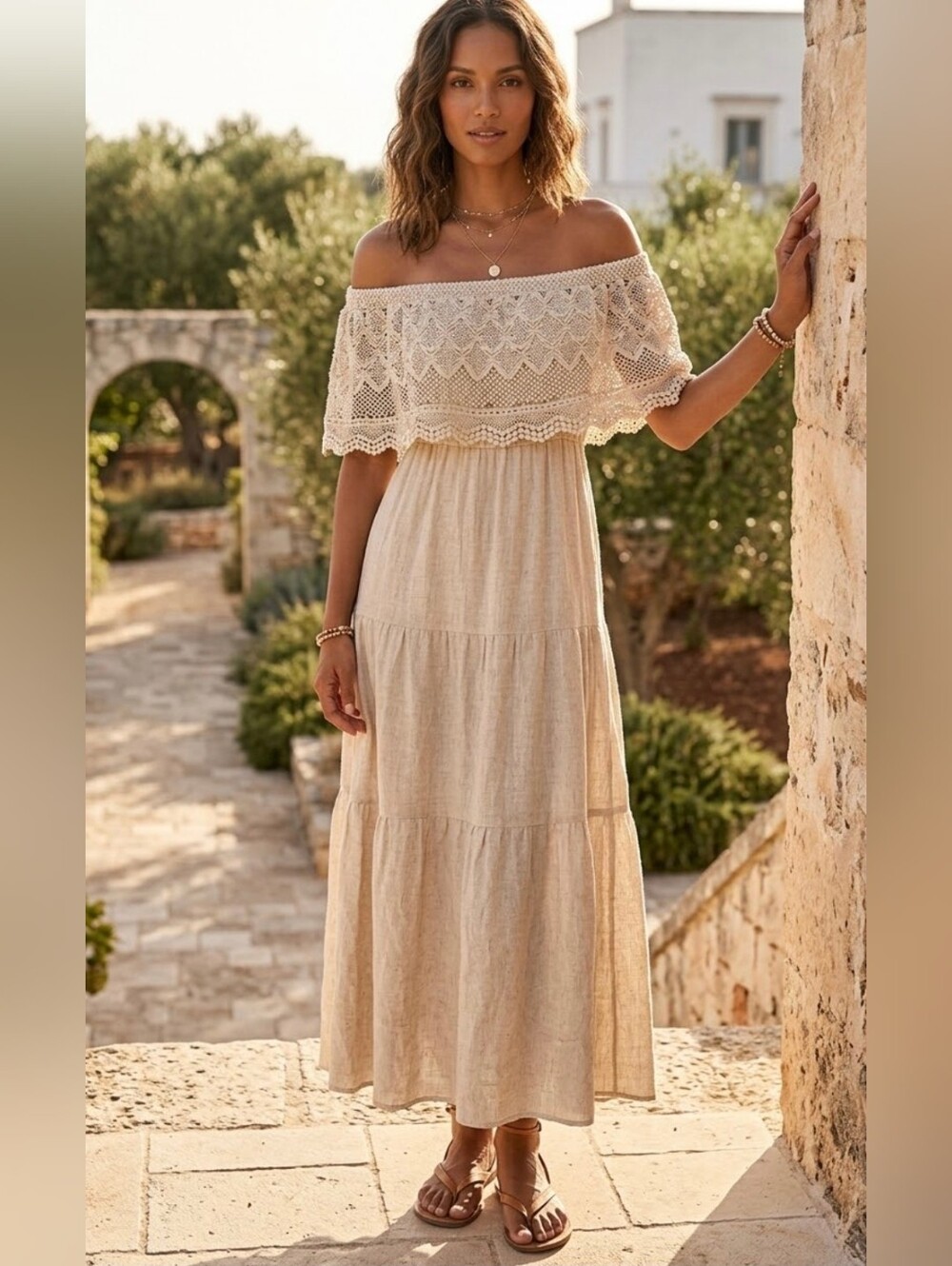 Soft Surroundings Althea Linen Long Dress Size M Medium Lace Knit Off Shoulder